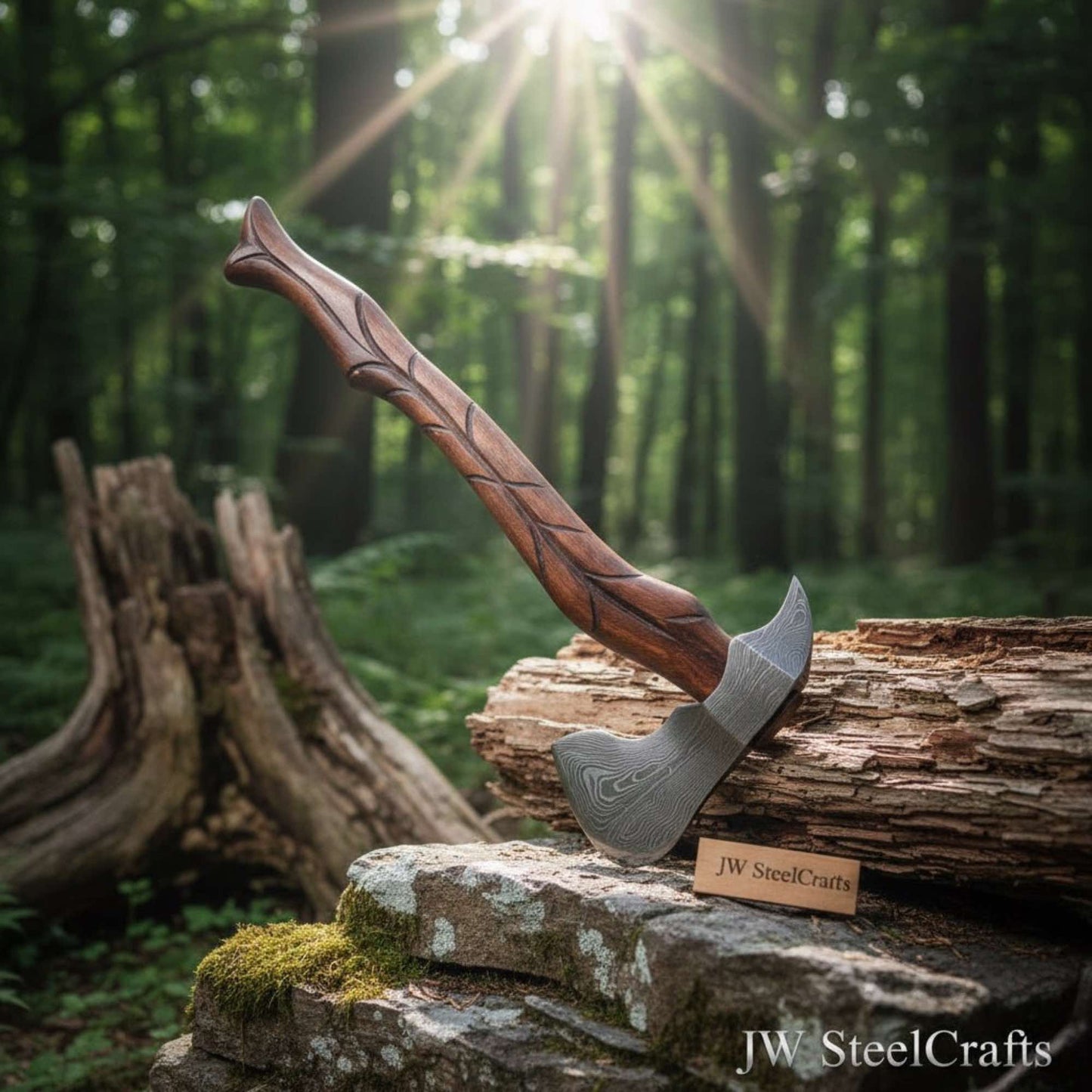 Hand-Forged Damascus Viking Axe – Carved Hardwood Handle | Bushcraft, Camping & Display Collectible