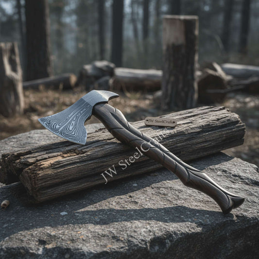 Hand-Forged Damascus Viking Axe – Carved Hardwood Handle | Bushcraft, Camping & Display Collectible