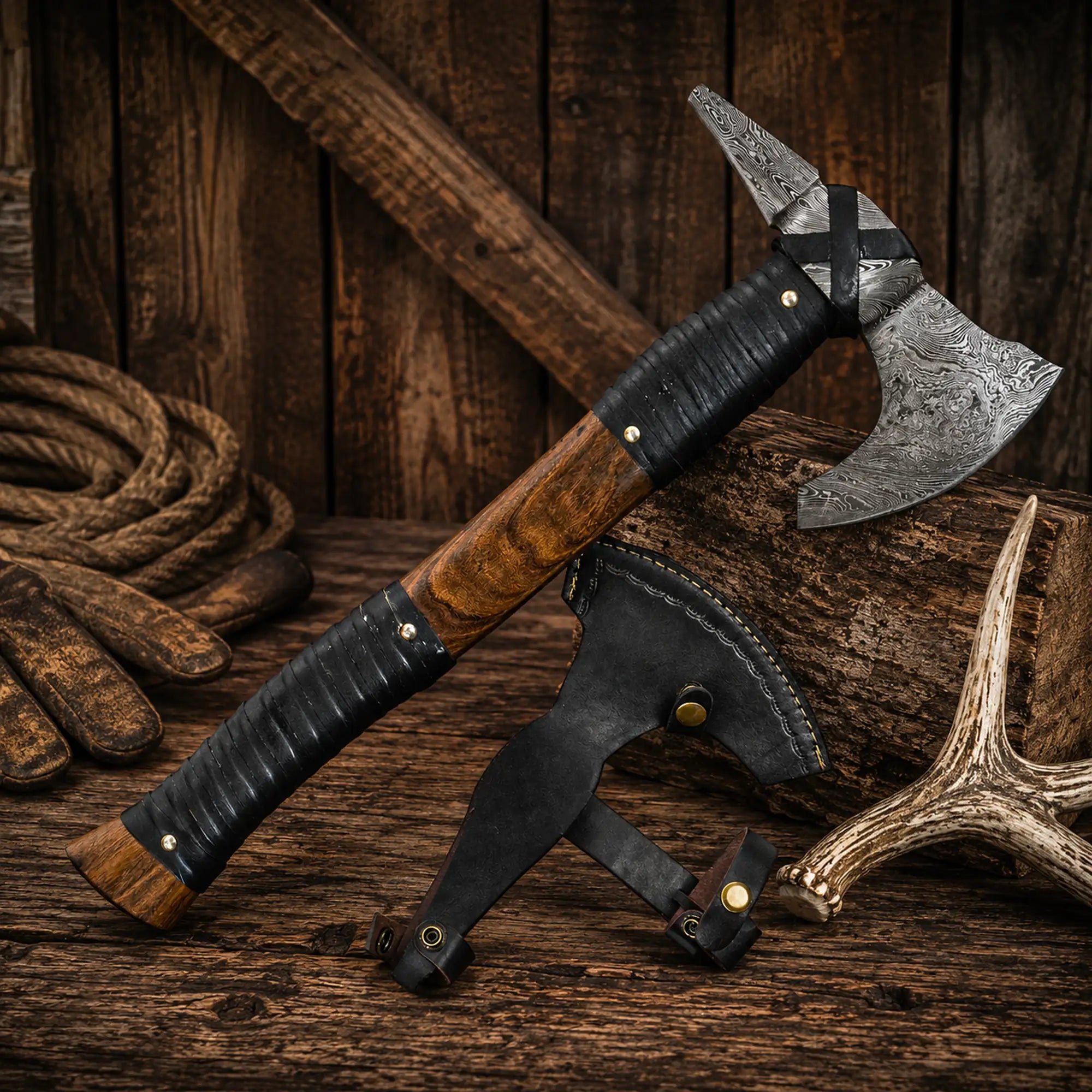 19" Handmade Damascus Steel Viking Bearded Axe with Spike & Sheath