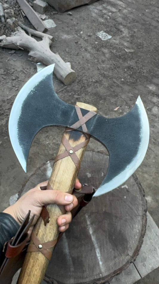 Handcrafted Double-Head Decorative Axe with Wooden Handle – JW SteelCrafts