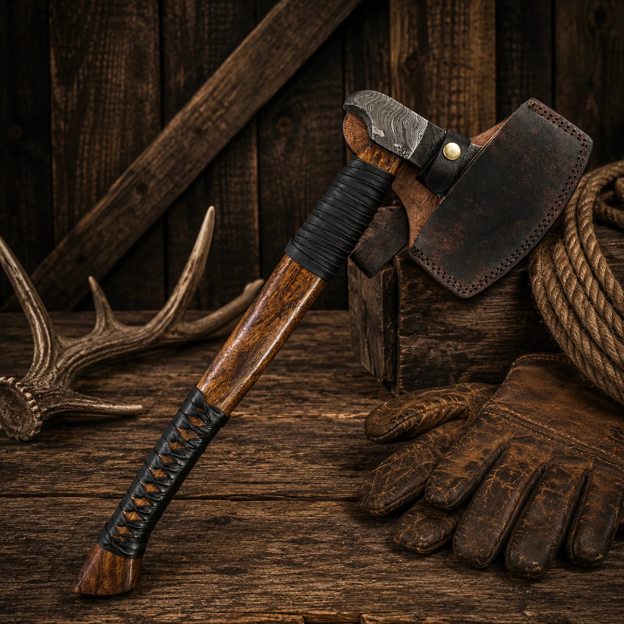 23" Handmade Viking Axe | Damascus Steel Blade with Leather Grip