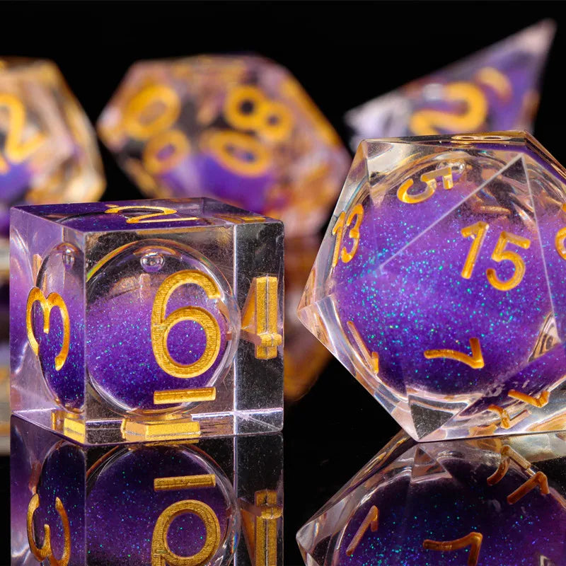 Handmade Purple Liquid Core DnD Sharp Edge Resin Dice, Polyhedral Dice Set for Dungeons and Dragons, Galaxy Dice Set, d d dice