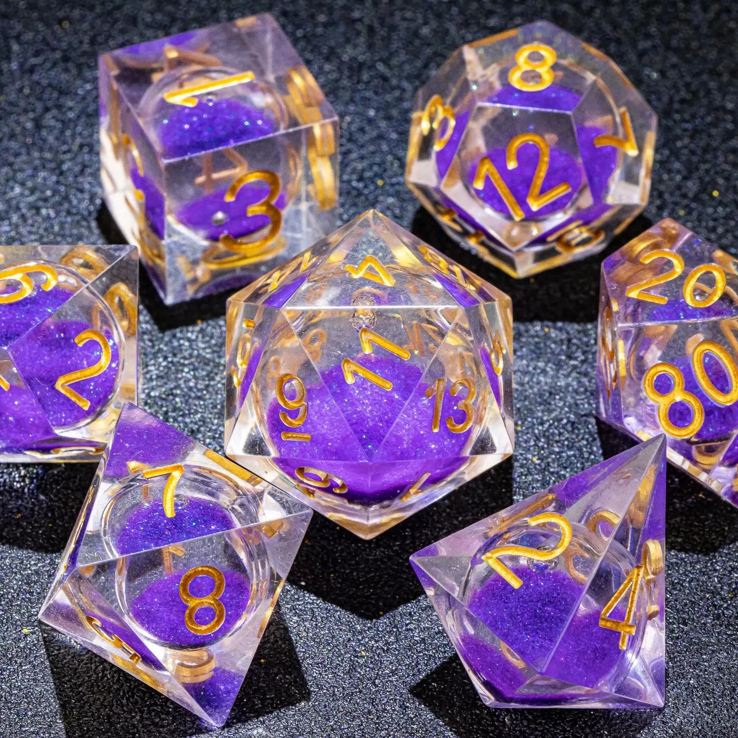 Handmade Purple Liquid Core DnD Sharp Edge Resin Dice, Polyhedral Dice Set for Dungeons and Dragons, Galaxy Dice Set, d d dice