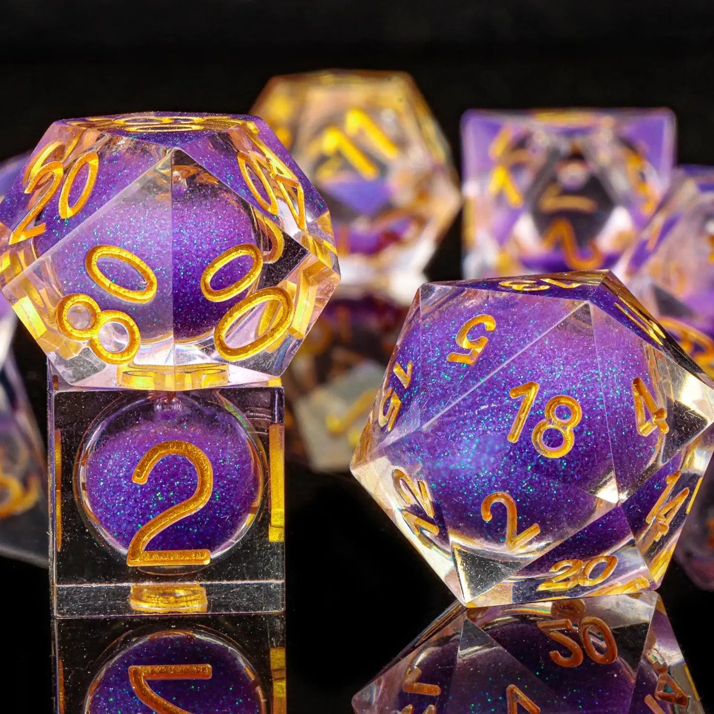 Handmade Purple Liquid Core DnD Sharp Edge Resin Dice, Polyhedral Dice Set for Dungeons and Dragons, Galaxy Dice Set, d d dice