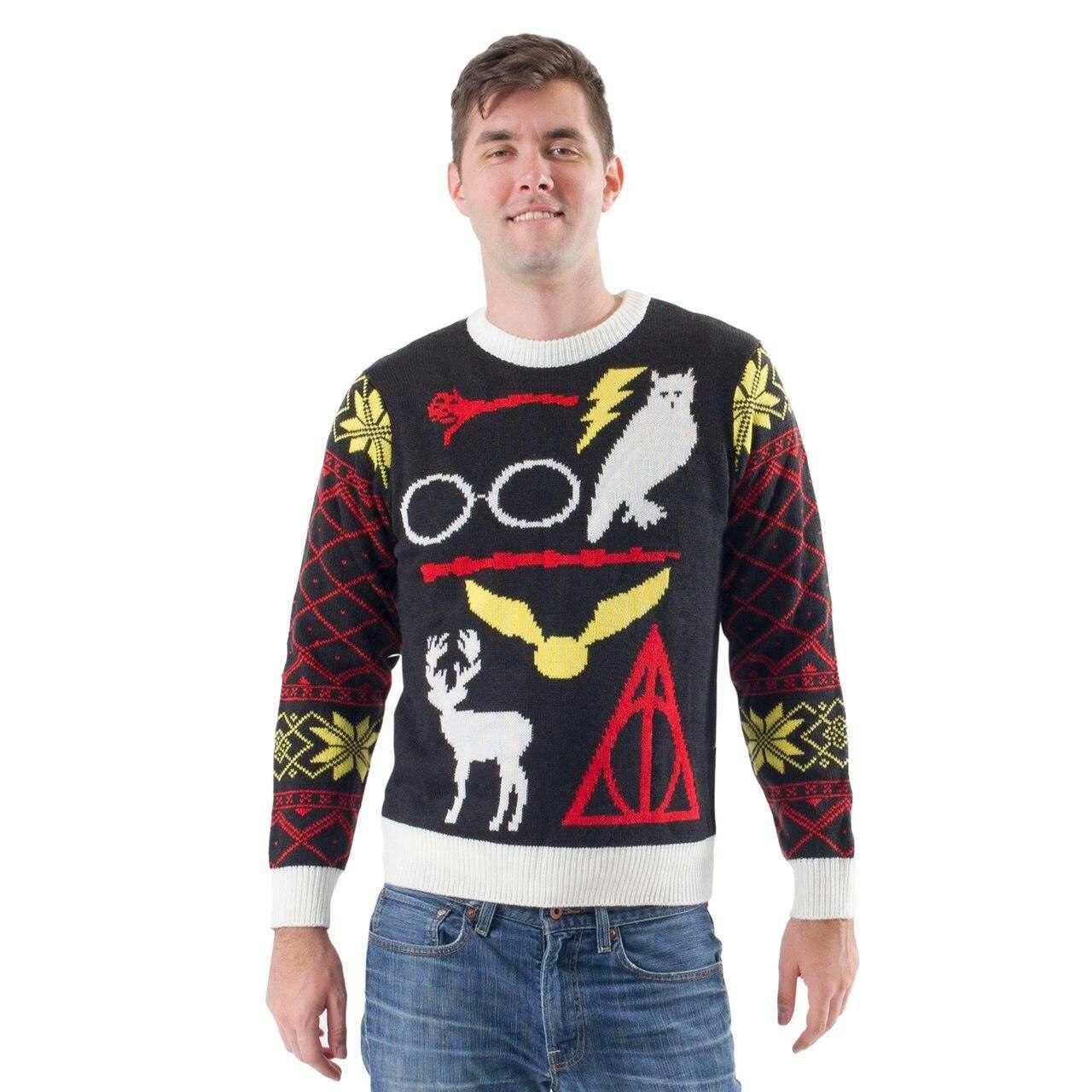 Harry Potter Owl Deathly Hallows Sign Ugly Christmas Sweater - XS