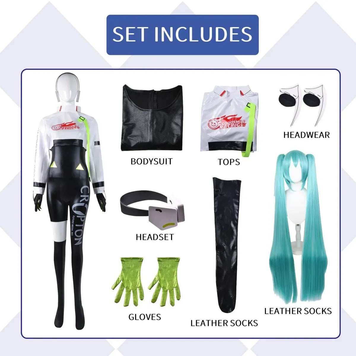 Hatsune Miku Racing 2022 Cosplay Costume – Full Bodysuit with Wig and Gloves - Costume and Wig / XS