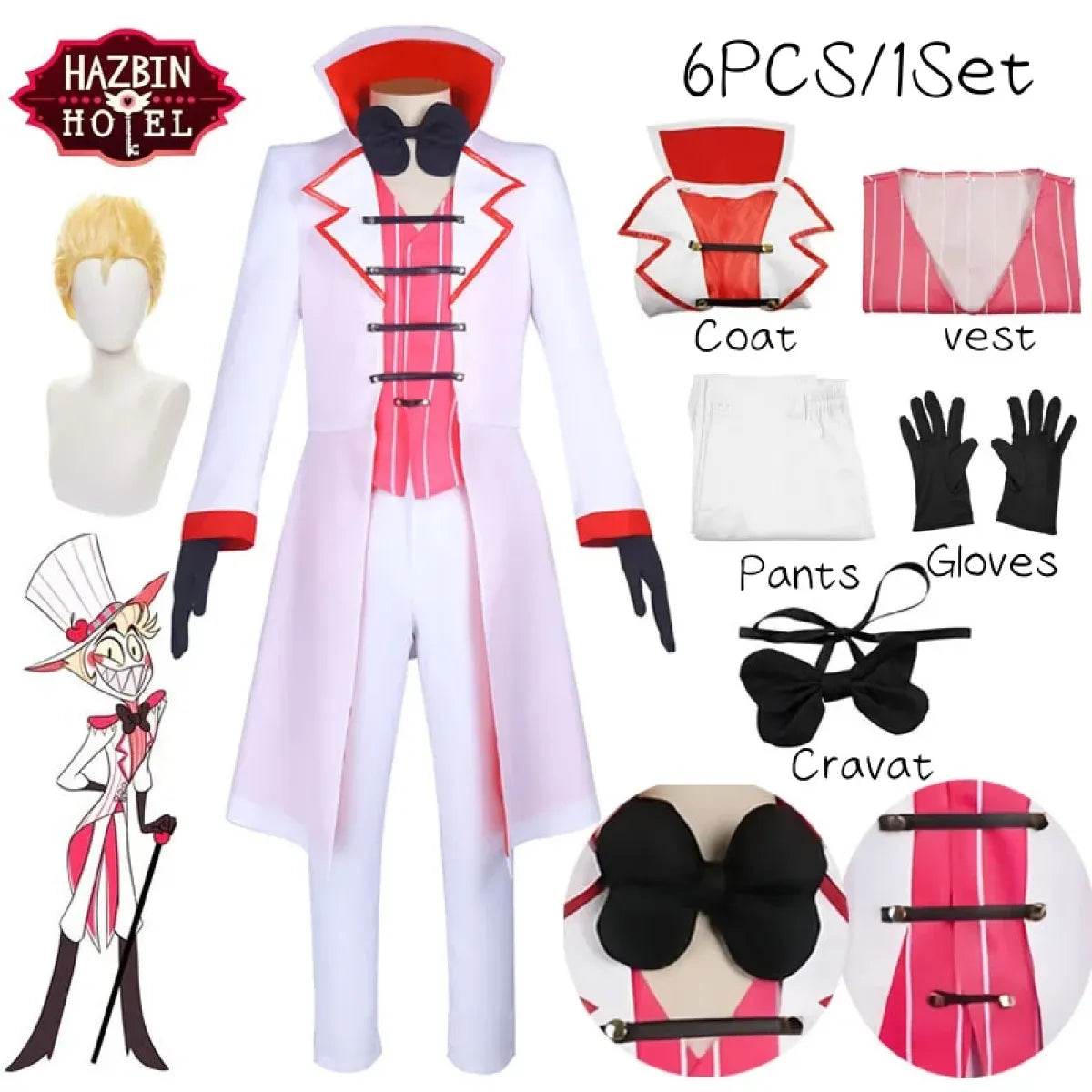 Hazbin Hotel Lucifer Cosplay Costume - Suit, Vest, Wig - S / Wig Only