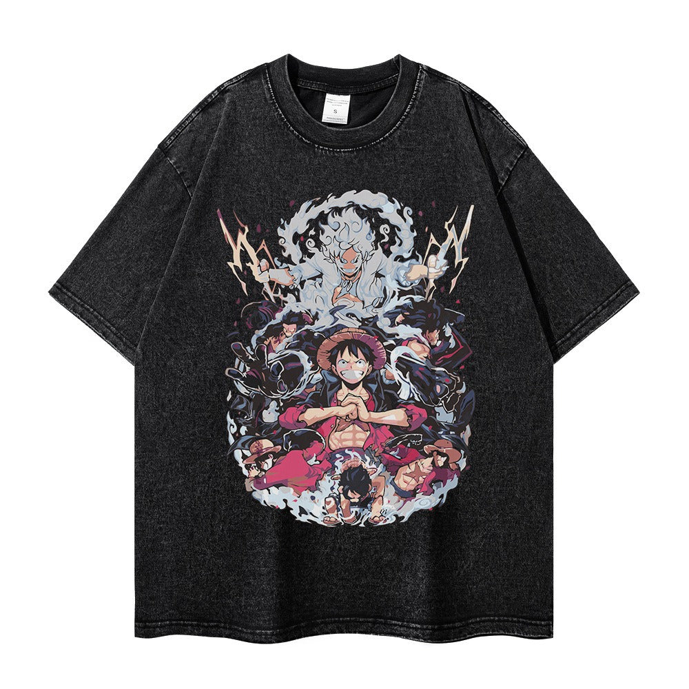 Heavyweight washing T-shirt Dark black printing anime trendy ins new Harajuku loose retro China-Chic T-shirt men