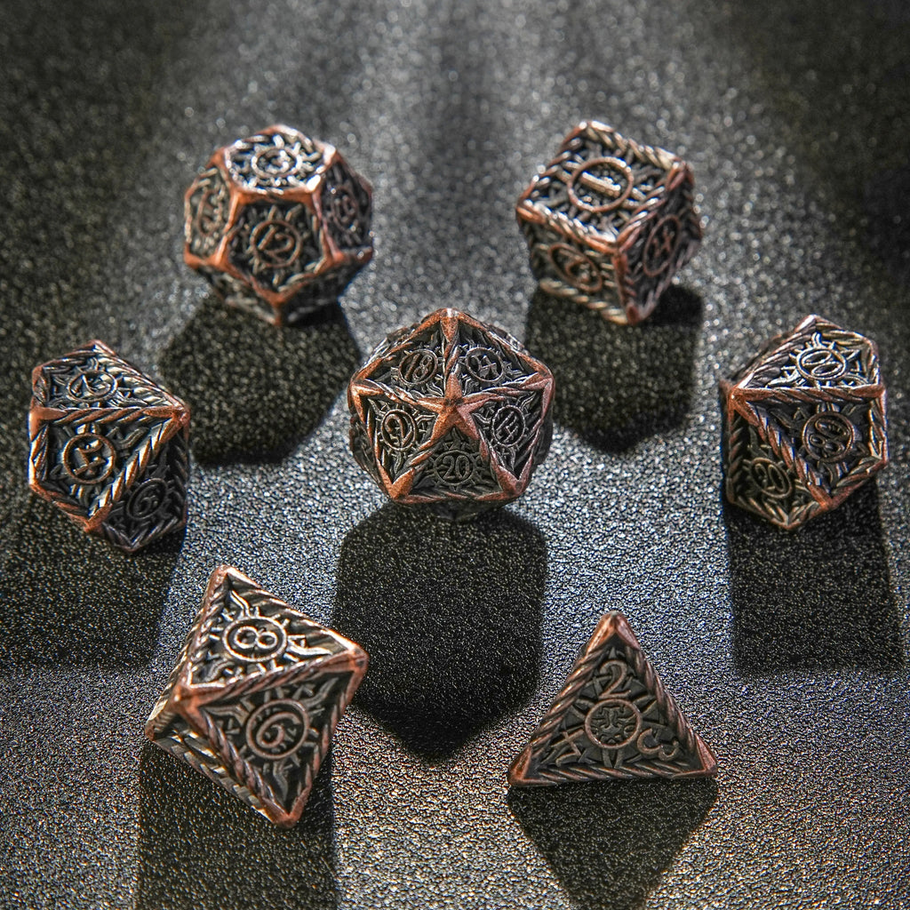 Helios Antique Red Copper Solid Metal DND Dice Set