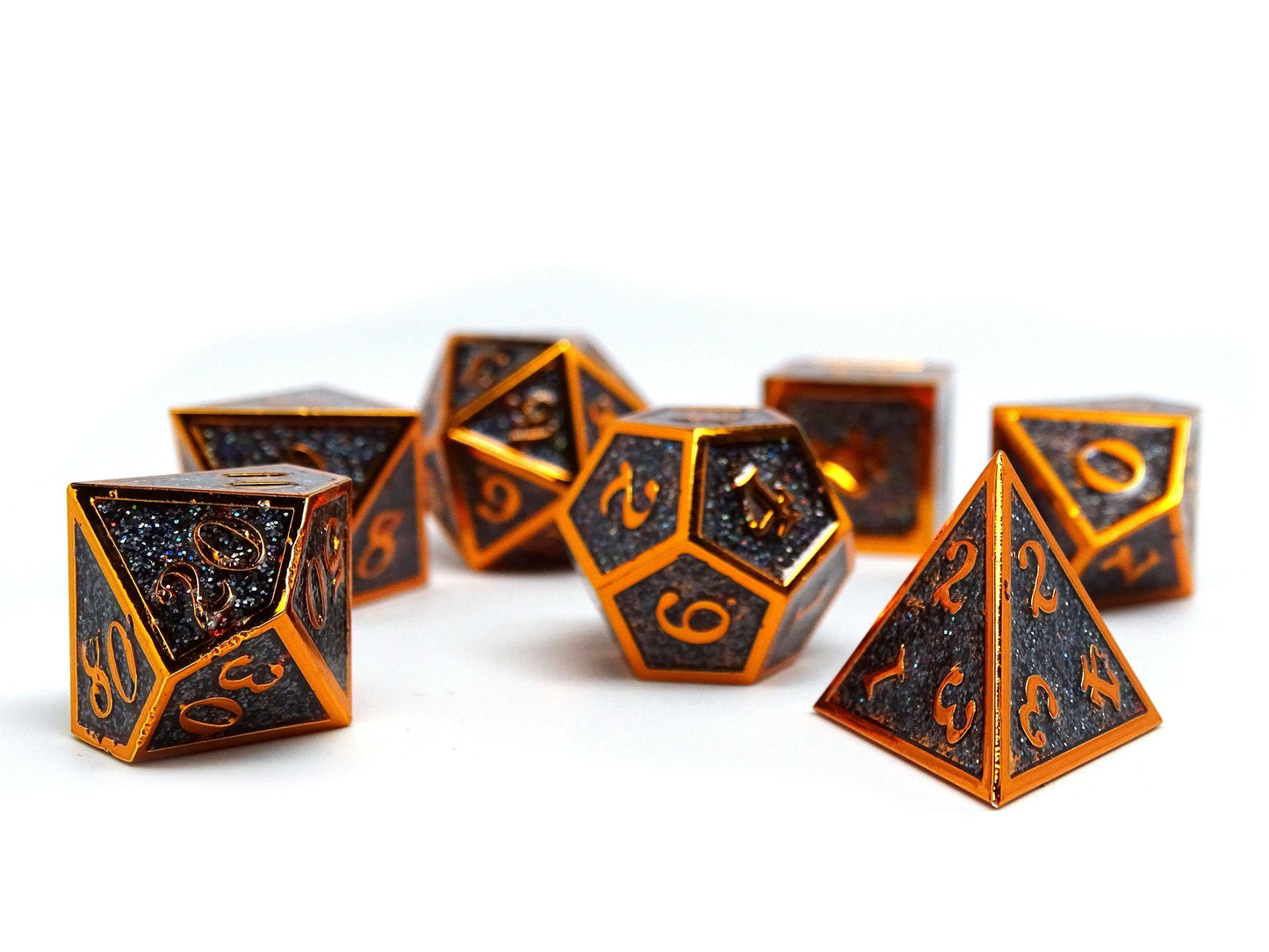 Heroic Dice of Metallic Luster - Black with Orange Font