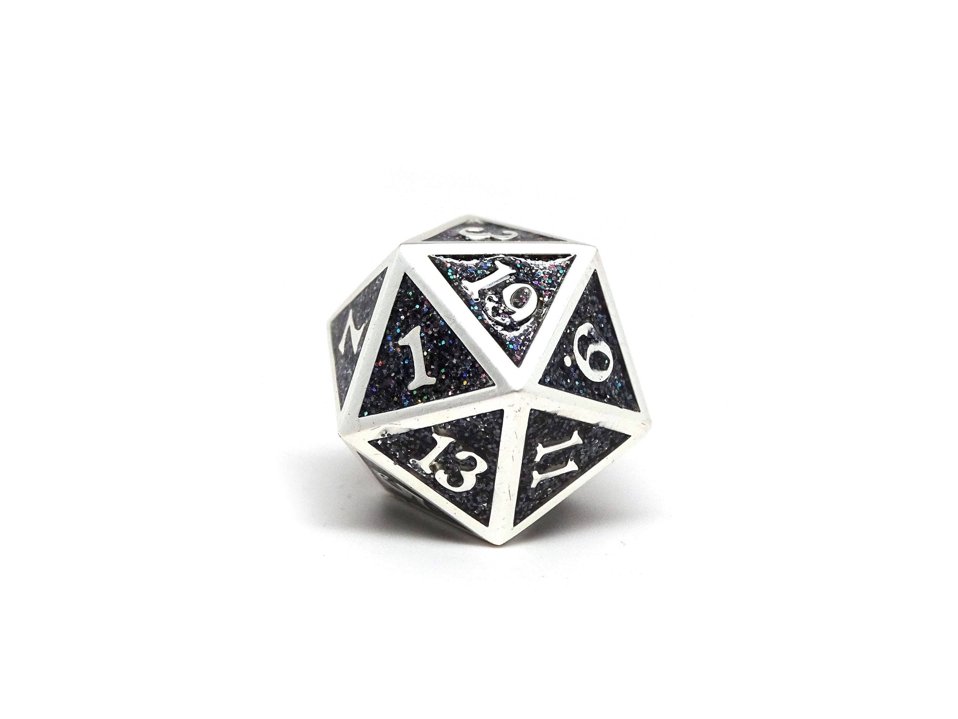 Heroic Dice of Metallic Luster - Single D20 Dice - Black with Silver Font