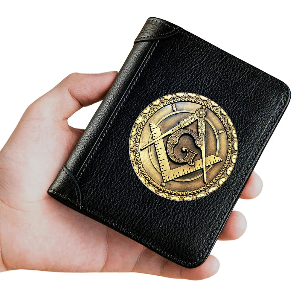 High Quality Genuine Leather Wallet Master Mason Symbol Printing Standard Short Purse BK1227