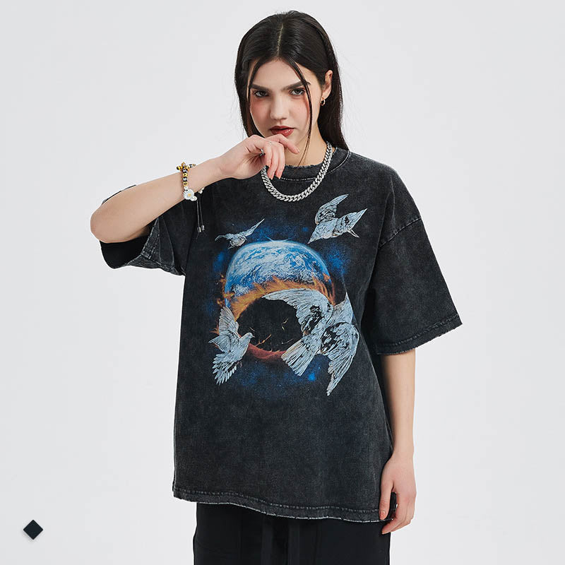 High Street Style Pigeon Earth Print Oversize Loose T Shirt Short Sleeve Fashion Brand Wash Mens T Shirt