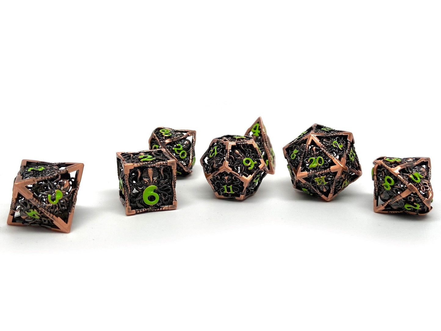 Hollow Metal Copper Cthulhu Dice Set - Green Numbering - 