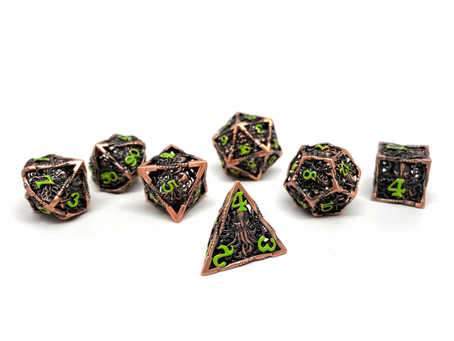 Hollow Metal Copper Cthulhu Dice Set - Green Numbering - 