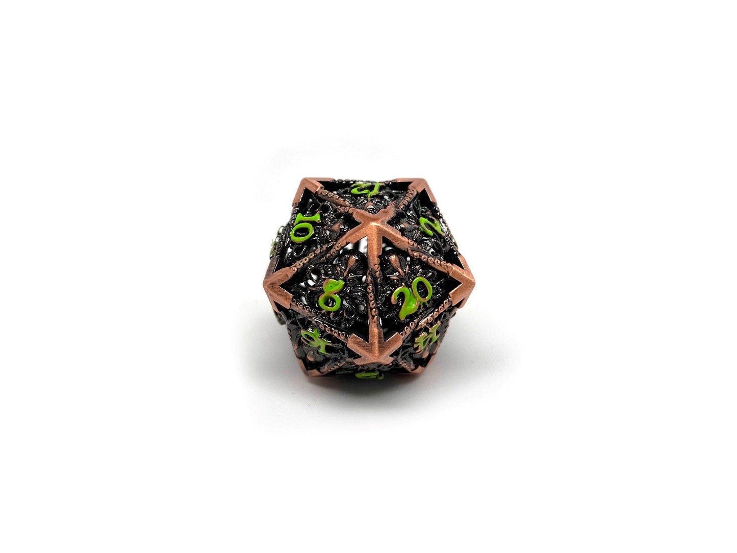 Hollow Metal Copper Cthulhu Dice Set - Green Numbering - 