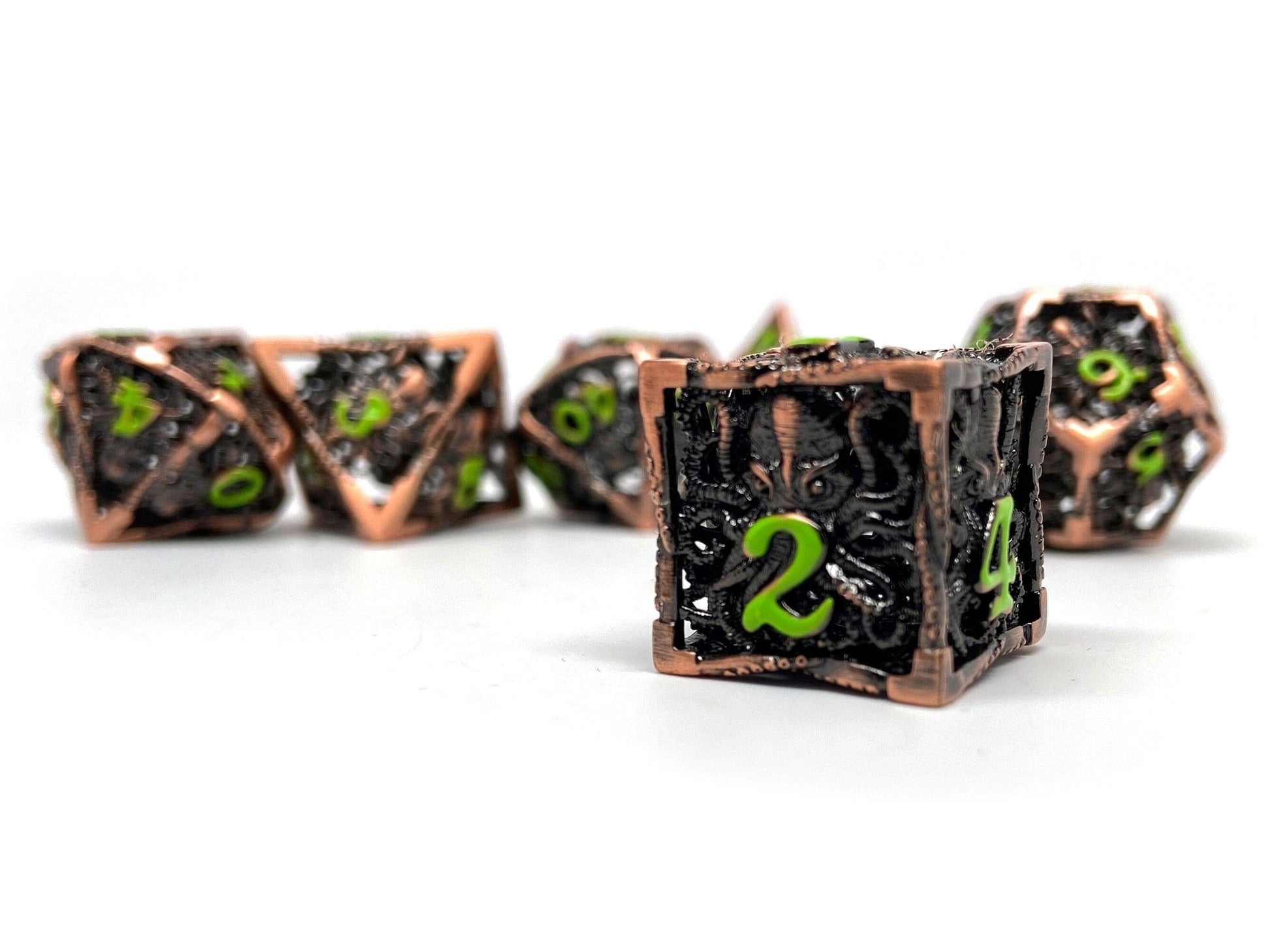 Hollow Metal Copper Cthulhu Dice Set - Green Numbering