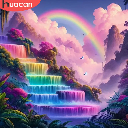 HUACAN Landscape Diamond Painting Kit Waterfall Full Square Round Drill Mosaic Fantasy Rainbow Art Decoration