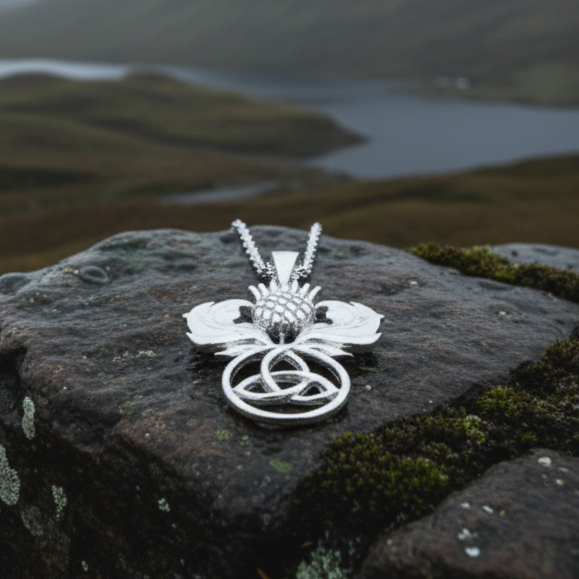 Scottish Thistle Trinity Knot Necklace