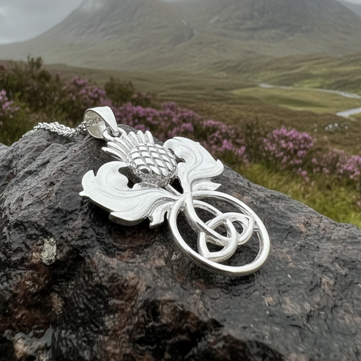Scottish Thistle Trinity Knot Necklace