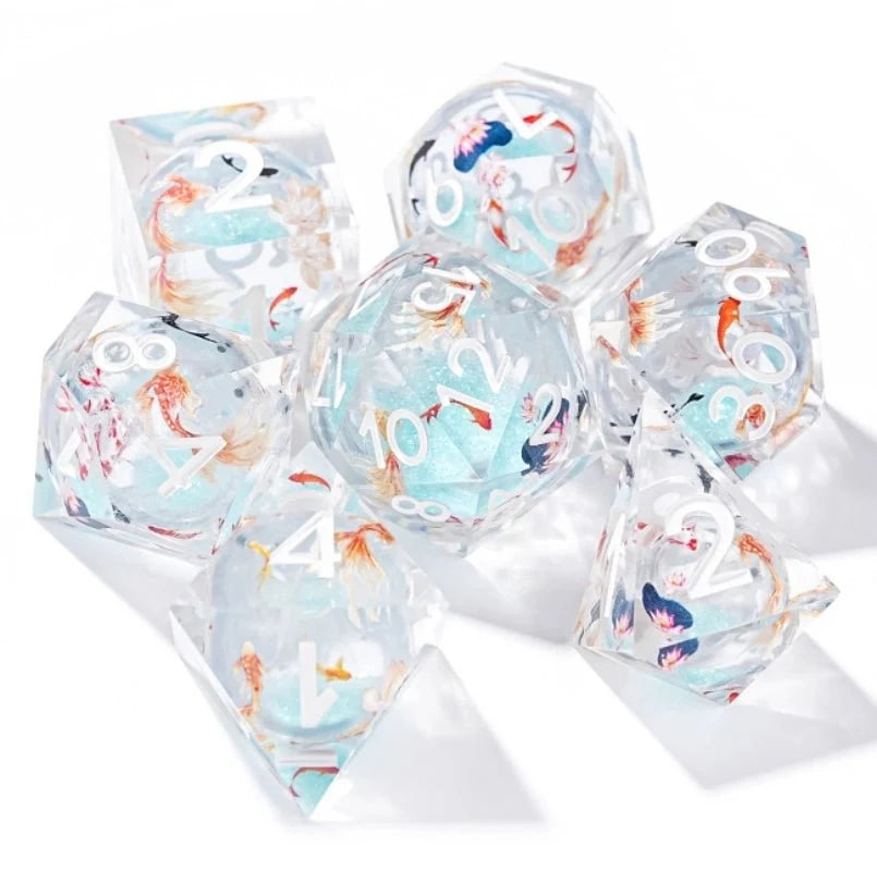 Ice Blue Koi Liquid Core Resin RPG Dice Set
