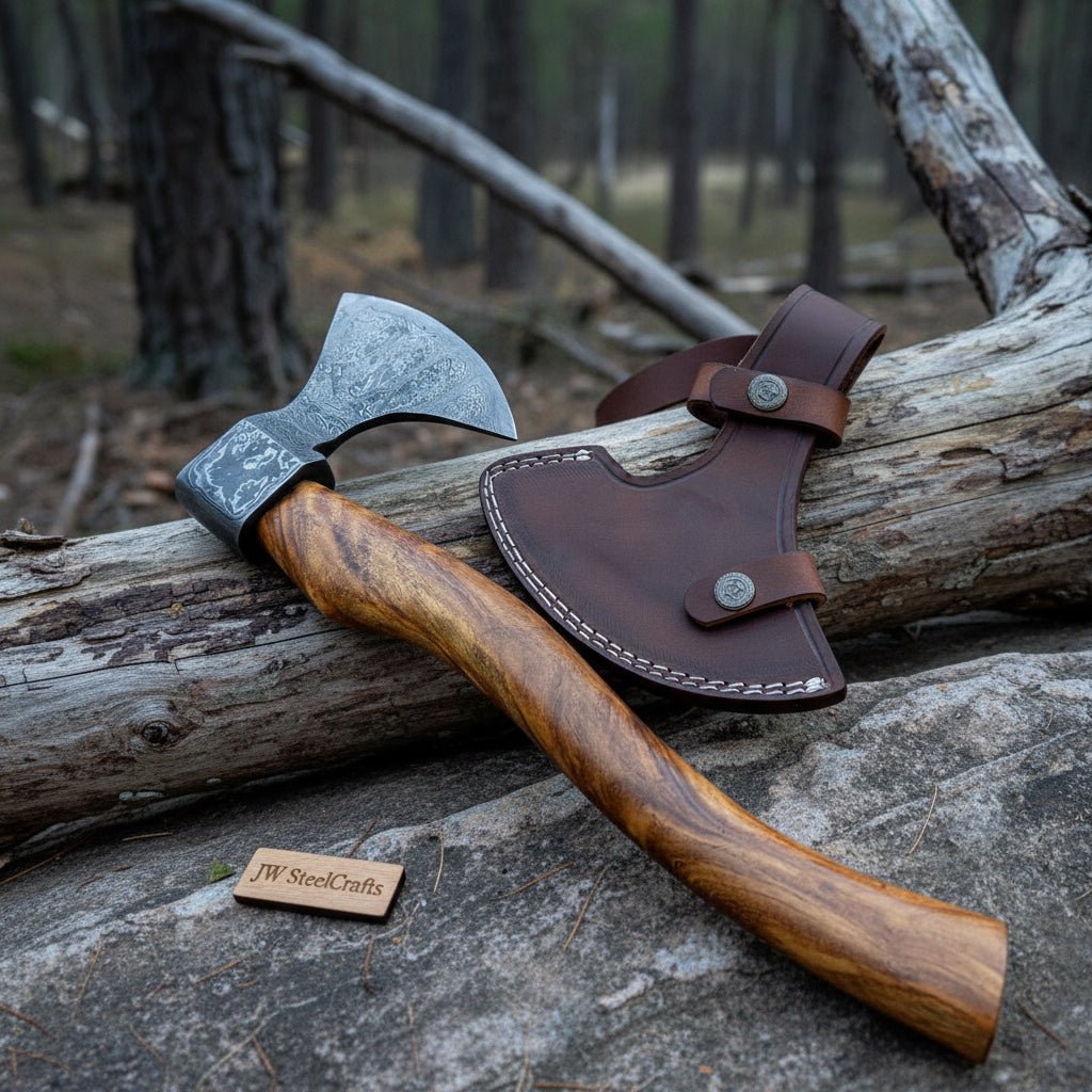 Hand Engraved Norse Viking Bearded Axe with Damascus Steel Blade and Carved Hardwood Handle | JW SteelCrafts