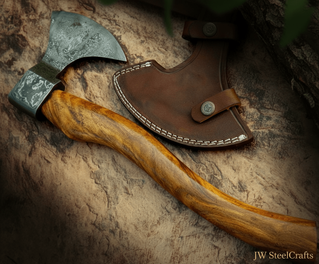 Hand Engraved Norse Viking Bearded Axe with Damascus Steel Blade and Carved Hardwood Handle | JW SteelCrafts