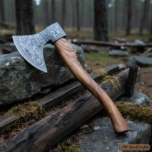 Hand Engraved Norse Viking Bearded Axe with Damascus Steel Blade and Carved Hardwood Handle | JW SteelCrafts