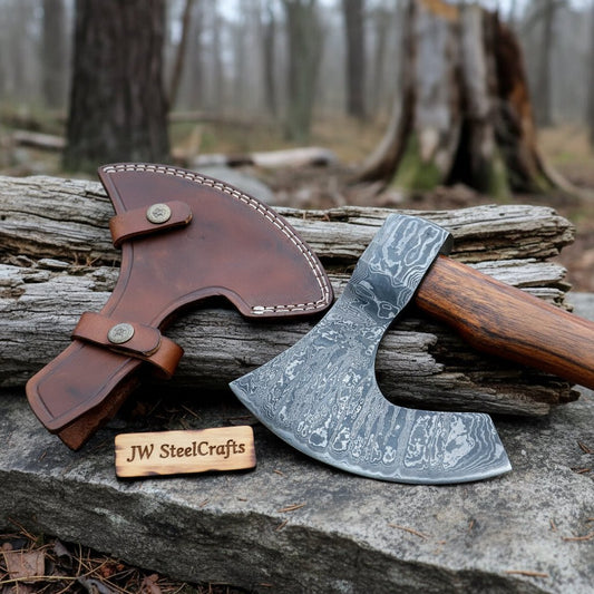 Damascus Steel Camp Axe with 19 Inch Rosewood Handle, Handmade Bushcraft Hatchet with Leather Sheath