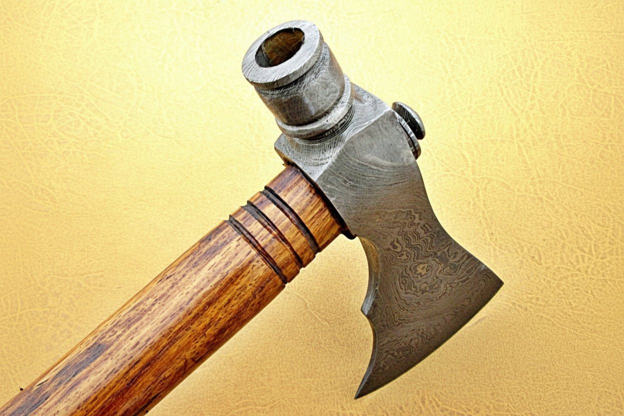 Damascus Smoking Axe with Leather Sheath and Ringed Rosewood Handle