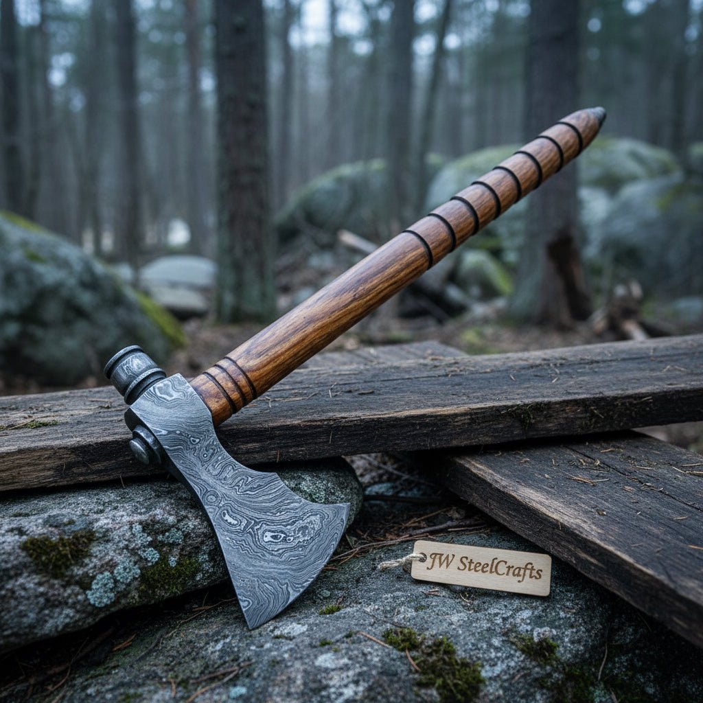 Damascus Smoking Axe with Leather Sheath and Ringed Rosewood Handle