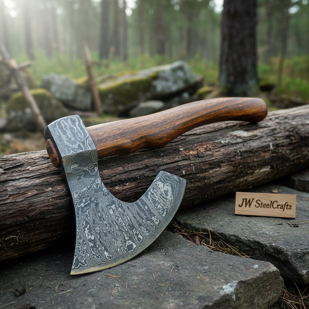 Damascus Steel Camp Axe with 19 Inch Rosewood Handle, Handmade Bushcraft Hatchet with Leather Sheath