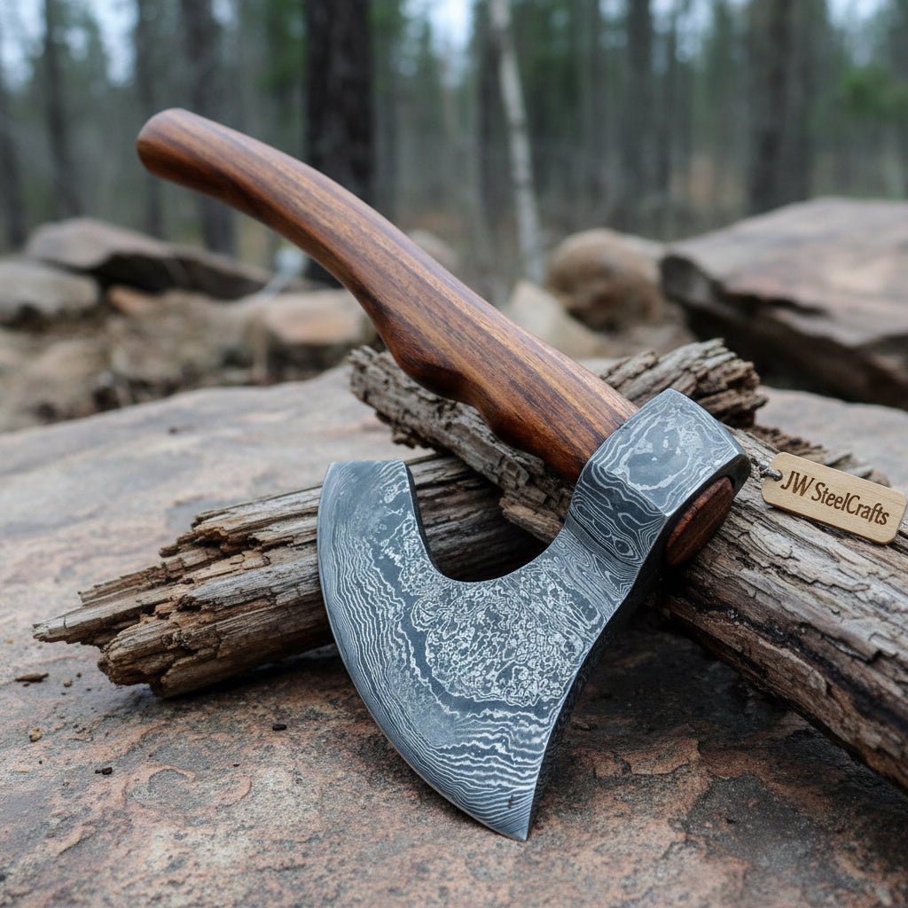 Damascus Steel Camp Axe with 19 Inch Rosewood Handle, Handmade Bushcraft Hatchet with Leather Sheath