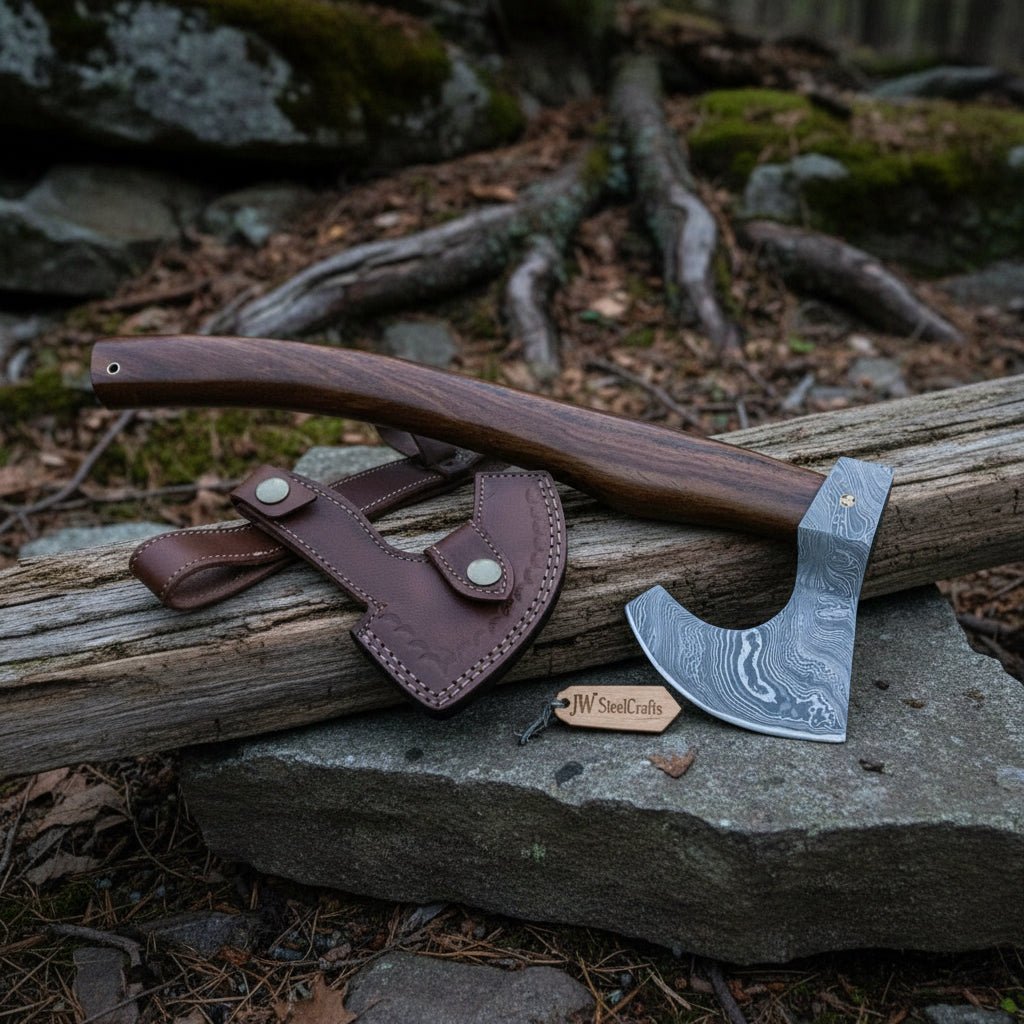Damascus Camping Axe with Curved Rosewood Handle – Hand Forged Bushcraft Axe with Leather Sheath | JW SteelCrafts
