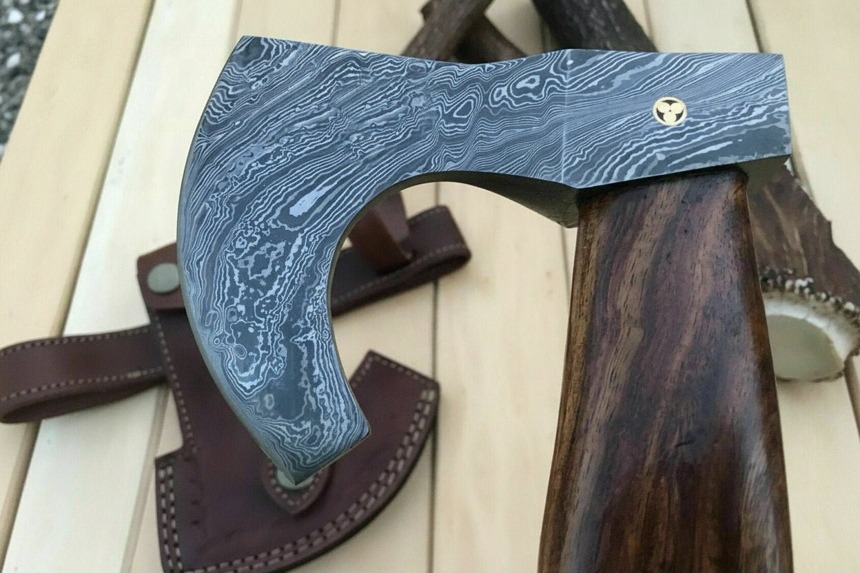 Damascus Camping Axe with Curved Rosewood Handle – Hand Forged Bushcraft Axe with Leather Sheath | JW SteelCrafts