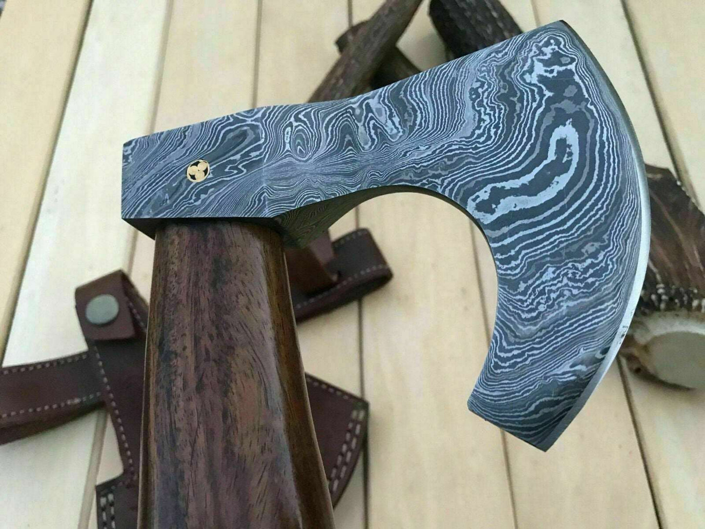 Damascus Camping Axe with Curved Rosewood Handle – Hand Forged Bushcraft Axe with Leather Sheath | JW SteelCrafts