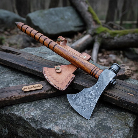 Damascus Smoking Axe with Leather Sheath and Ringed Rosewood Handle