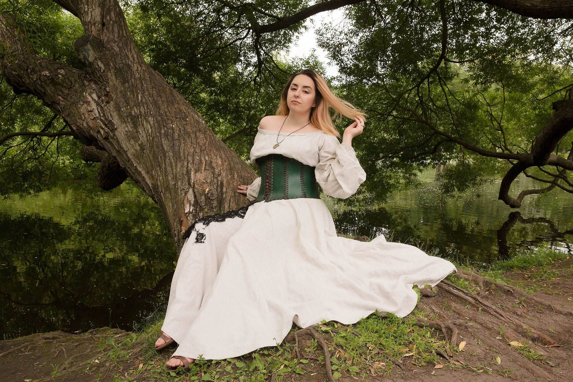 Green leather corset belt “Forest witch” - XS / Green (as on photo)
