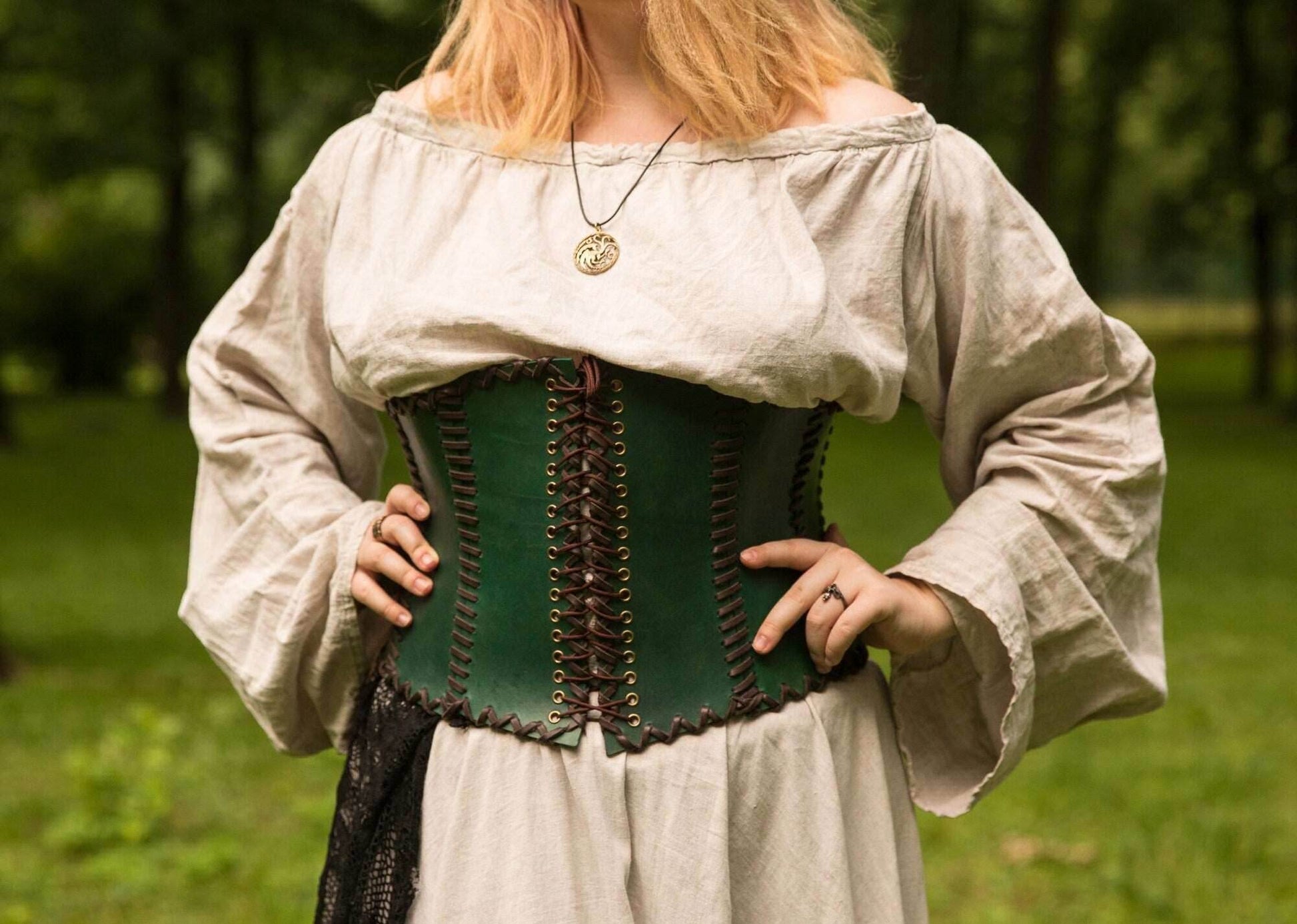 Green leather corset belt “Forest witch” - XS / Green (as on photo)