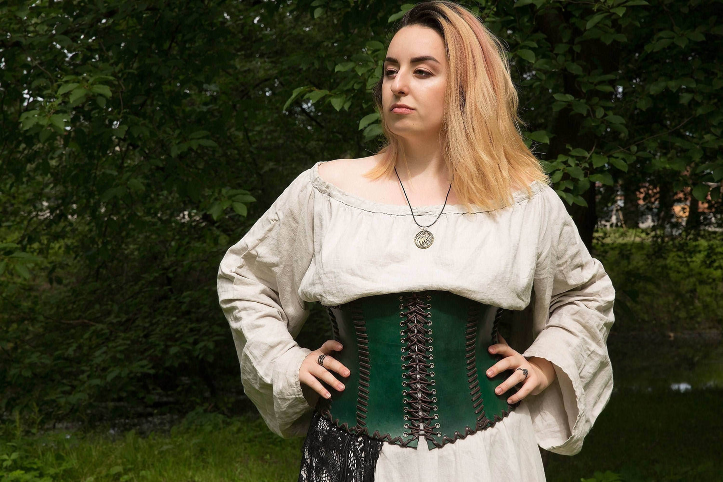 Green leather corset belt “Forest witch” - XS / Green (as on photo)