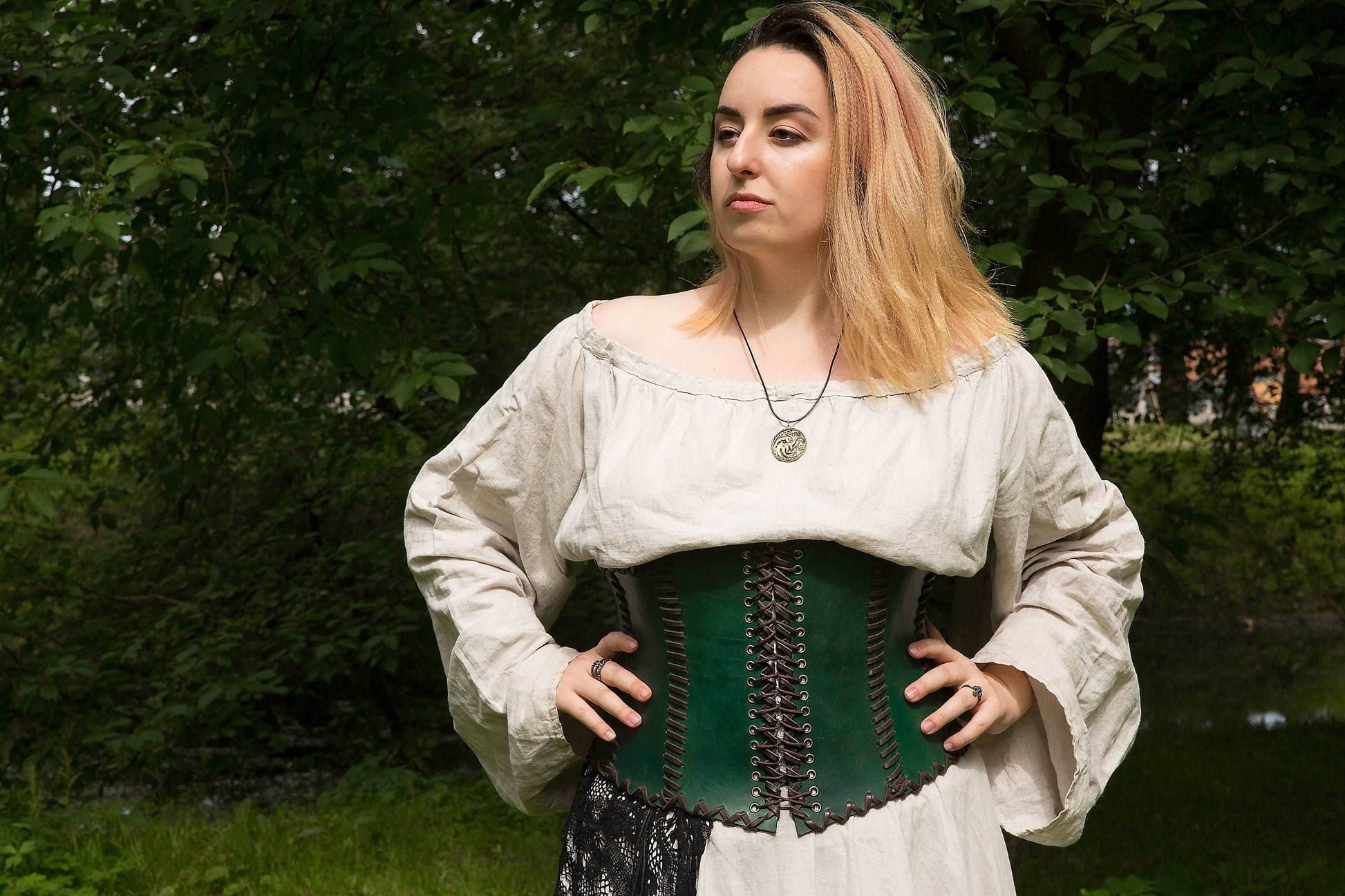 Green leather corset belt “Forest witch” - XS / Green (as on photo)