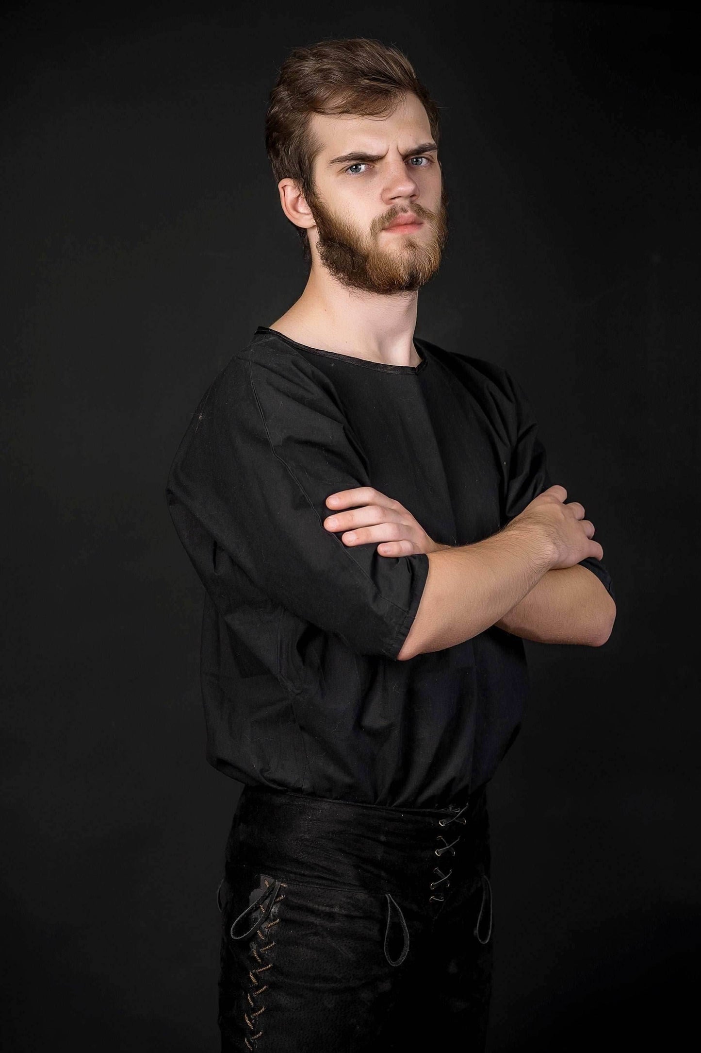 Black short sleeve tunic; medieval linen shirt - S