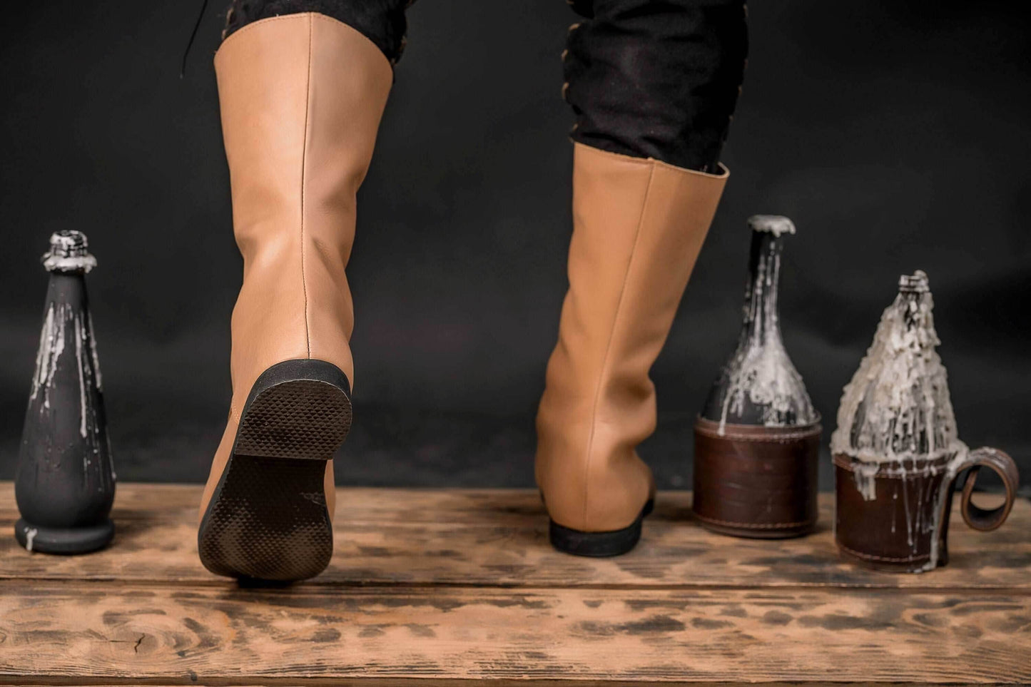 Beige high leather boots - brown (lie photo) / 5