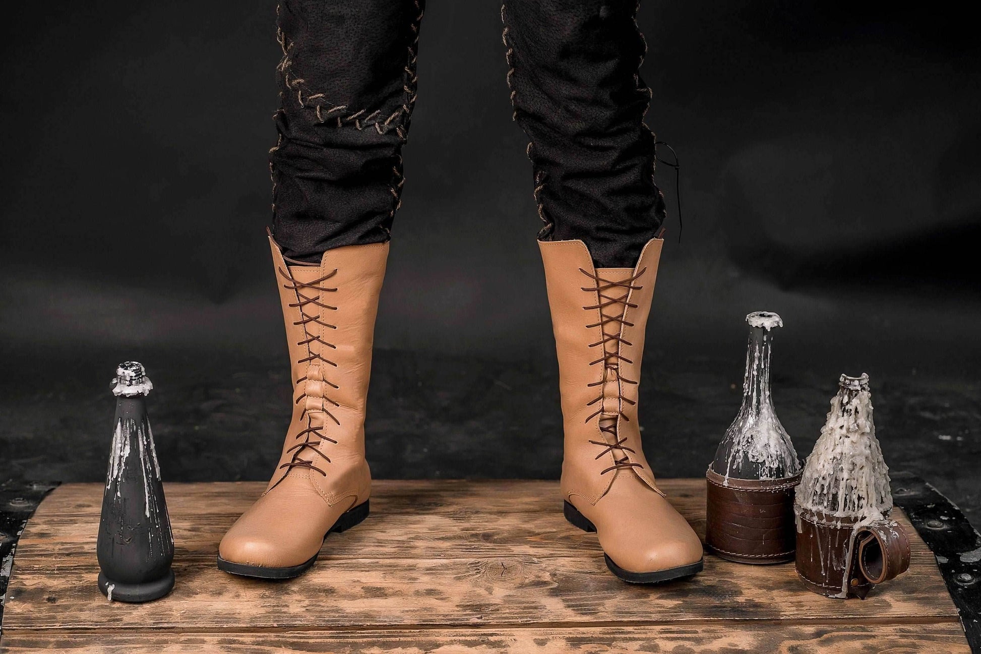 Beige high leather boots - brown (lie photo) / 5