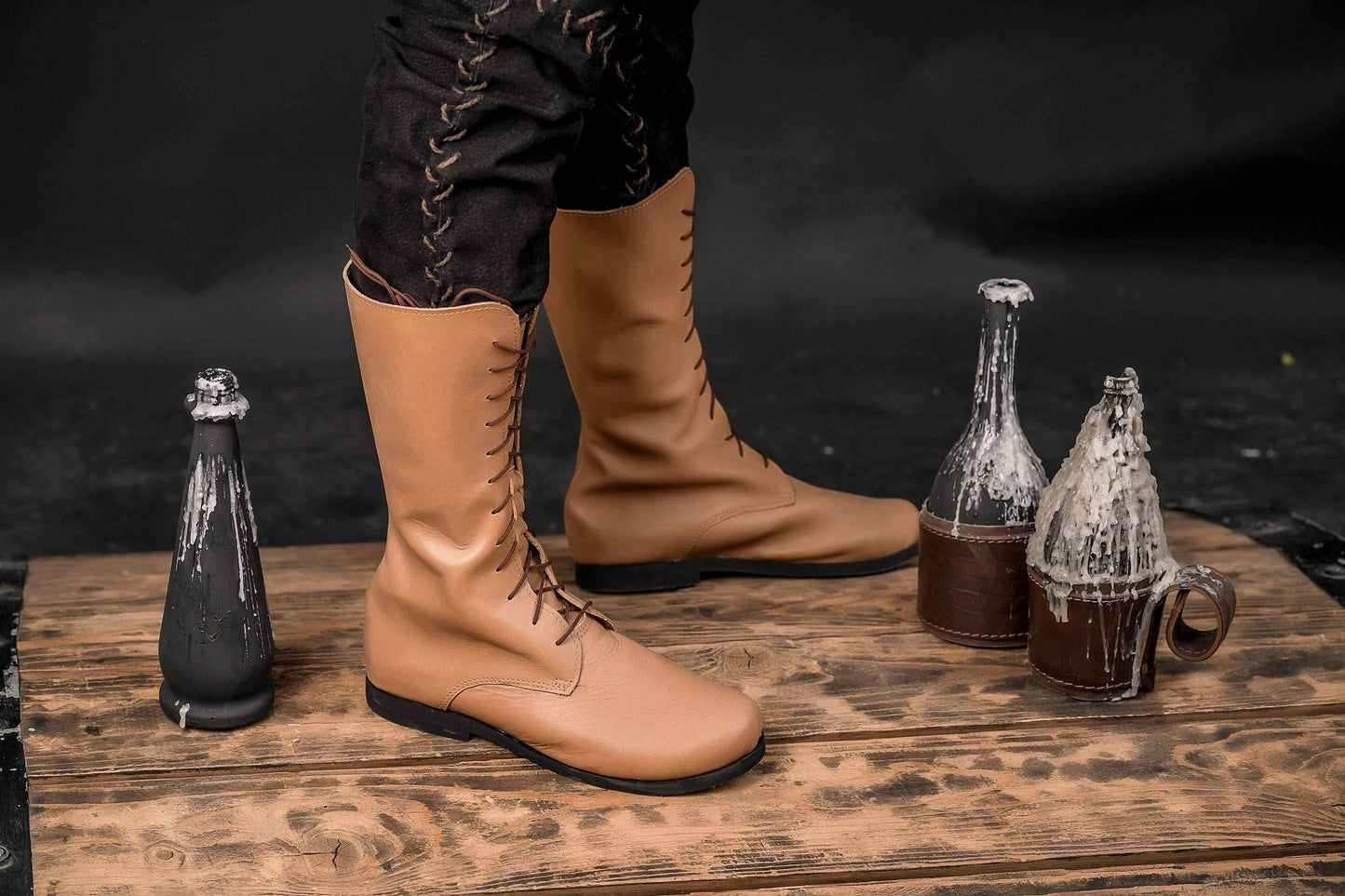 Beige high leather boots - brown (lie photo) / 5