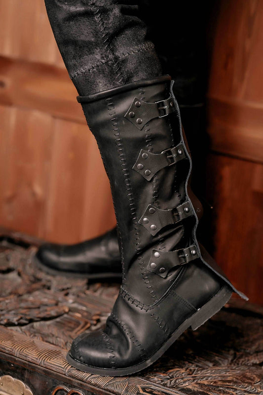 Black leather high boots with buckles - Black / 5
