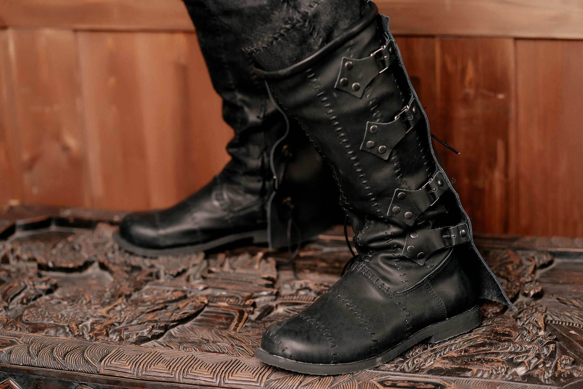 Black leather high boots with buckles - Black / 5