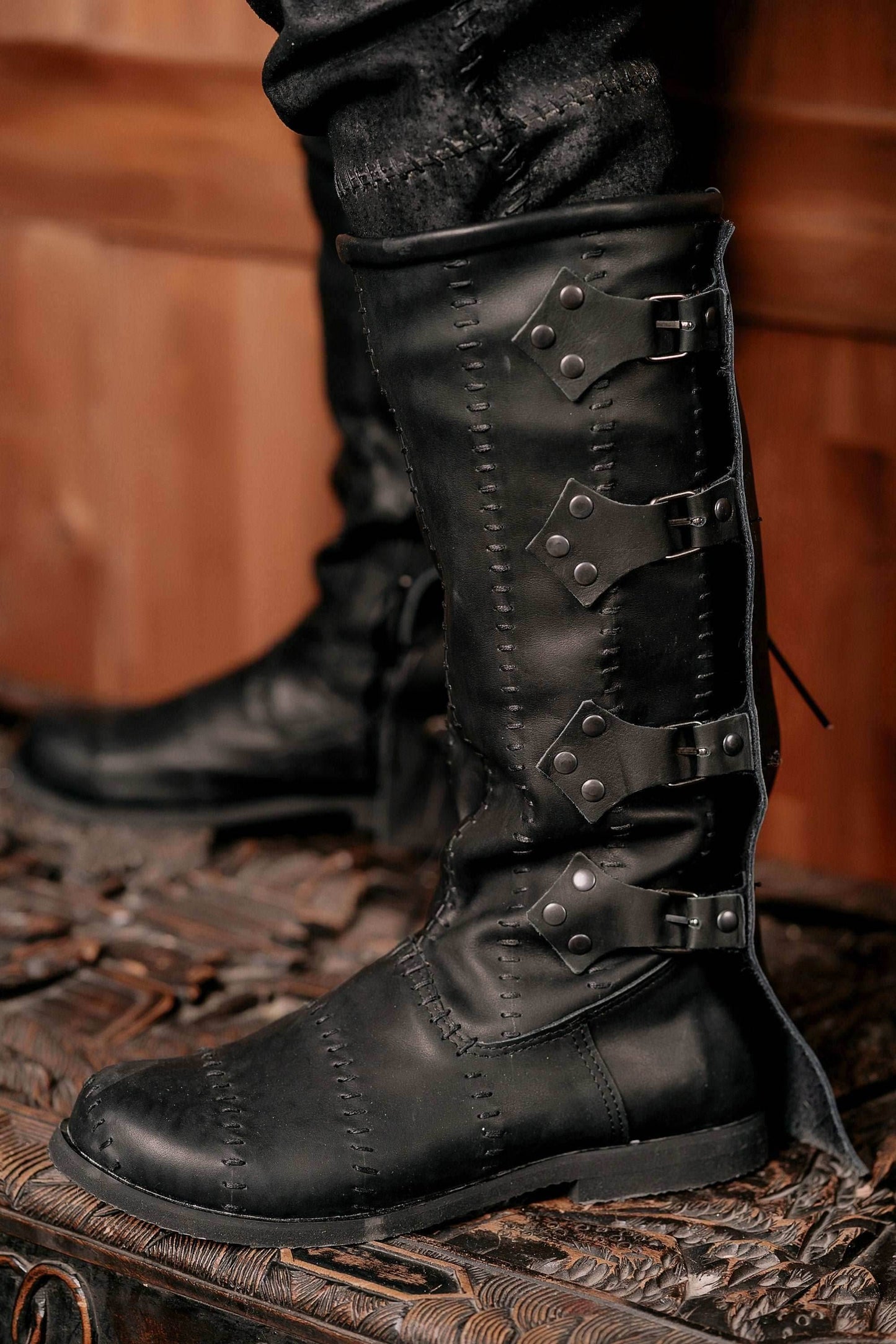 Black leather high boots with buckles - Black / 5