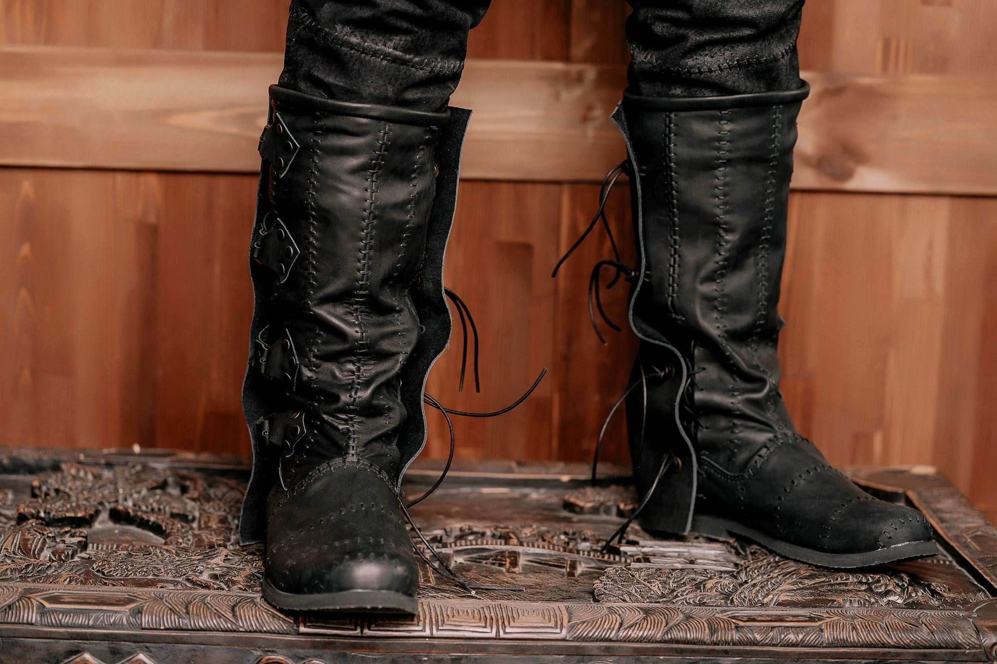 Black leather high boots with buckles - Black / 5