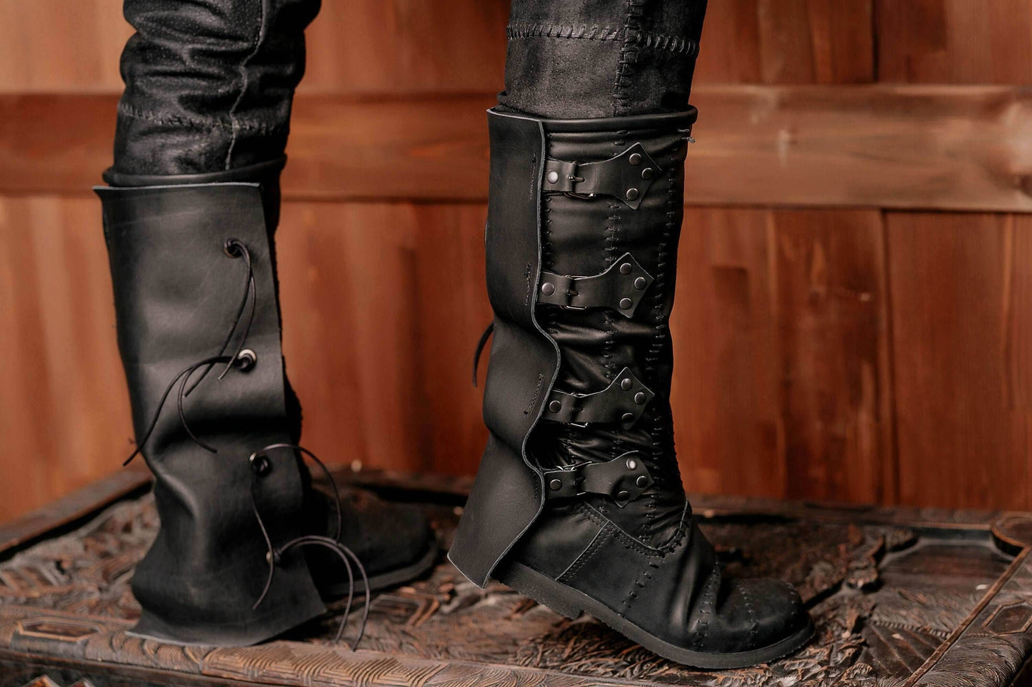 Black leather high boots with buckles - Black / 5